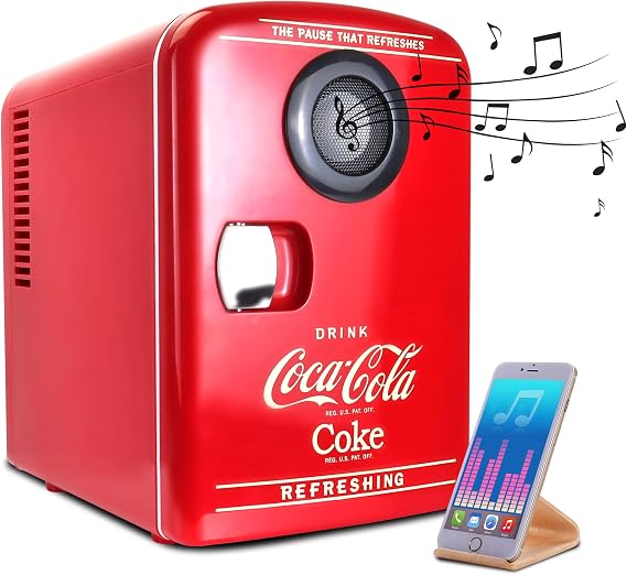 Coca-Cola Mini Fridges for Bedrooms 4L Quiet Small 6 Can Table Top Fridge Portable Retro Cooler Warmer with Built-In Bluetooth Wireless Speaker For Drinks Food Coke Kids Skincare Office Home Desk Red [Energy Class A]