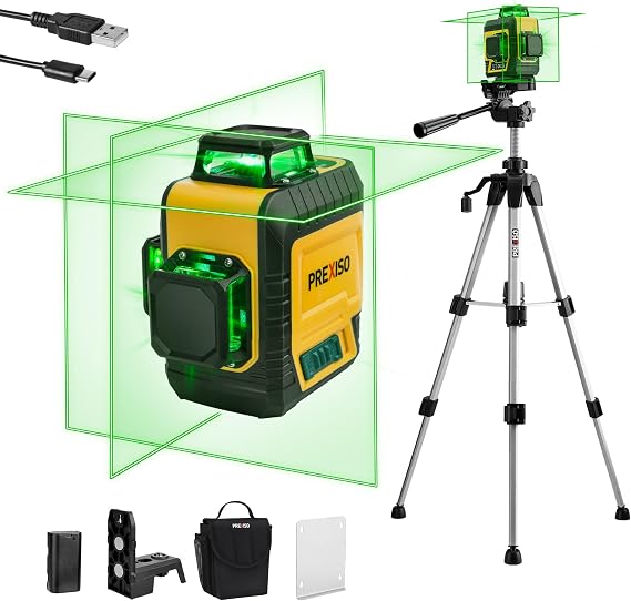 PREXISO 360 Laser Level with Tripod, 82Ft Rechargeable Cross Line Leveler | Green Line Laser Level Self Leveling for Construction, Tile, Home Renovation with Magnetic Base, Iron Plate, Bag