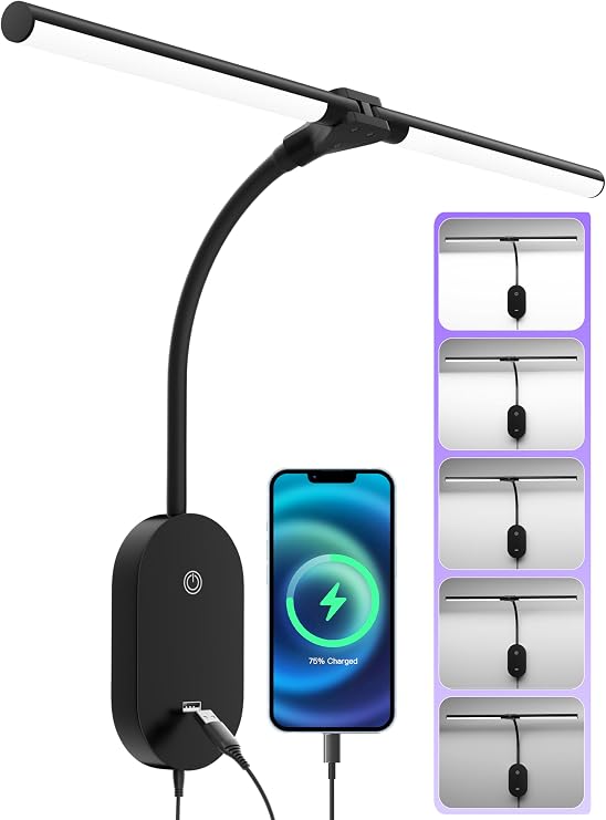 LED Wall Mounted Reading Light for Bed, 2 Heads Ultra Long Book Lights with USB Output, Wall Reading Lamps with Bright 5 Dimmable Touch Control,4 Hour Auto Off in 360Gooseneck Headboard Bed Light