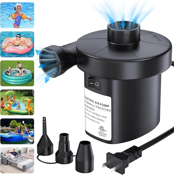 Electric Air Pump for Inflatables, VANNPOOY Portable Air Mattress Pump, Quick Inflate Deflate Plug in Air Pump with 3 Nozzles, Blow up Pool Float Inflator Pump for Airbed Toys Boat Couch Swimming Ring
