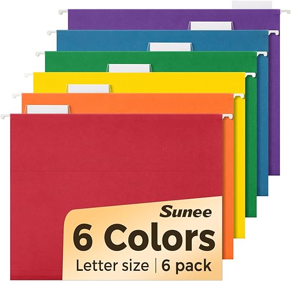 SUNEE Hanging File Folders, 6 Pack Letter Size Hanging File Folders with 1/5-Cut Tabs, Ideal for Home and Office Organization and Papers Classification,Assorted Colors