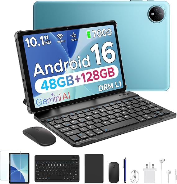 P10 10.1 inch Tablet, 48GB+128GB/TF 2TB, Android 16 Tablet with Gemini AI, 7000mAh, Unisoc T310 Quad-Core, 90Hz, 8MP+5MP, Dual Speakers, 3.5mm Headphone jack, Tablet with Keyboard, Pen, Case, Blue