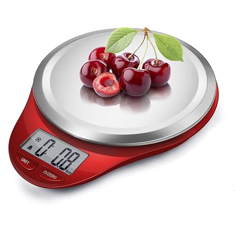 Food Scale Digital Kitchen Scale Weight Grams and Ounces Red | Stainless Steel, 1g Steps, Max 11lbs, Large Screen, Smart Tare, Cooking Baking Bread Coffee, High Accuracy, Include Battery