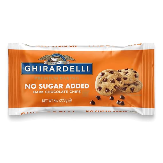 GHIRARDELLI No Sugar Added Dark Chocolate Chips for Baking Premium Baking Chips Made with Cocoa Butter and No Added Sugar, 8 oz Bag