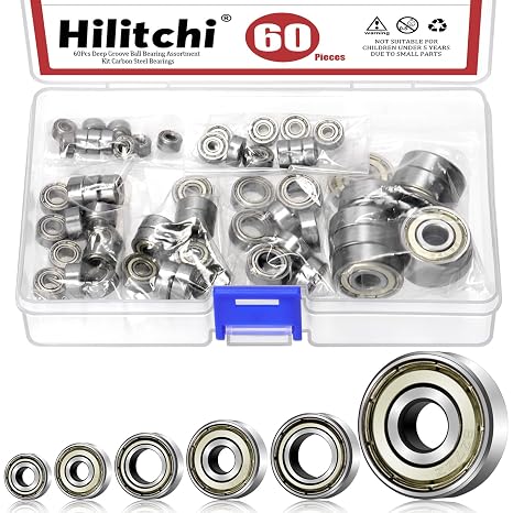 Hilitchi 60PCS 6 Sizes Deep Groove Ball Bearings Assortment Kits 4MM 5MM 7MM Double Shield Deep Groove Bearings Double Shield Carbon Steel Bearings