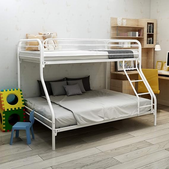 Twin-Over-Full Bunk Bed with Metal Frame and Ladder,White