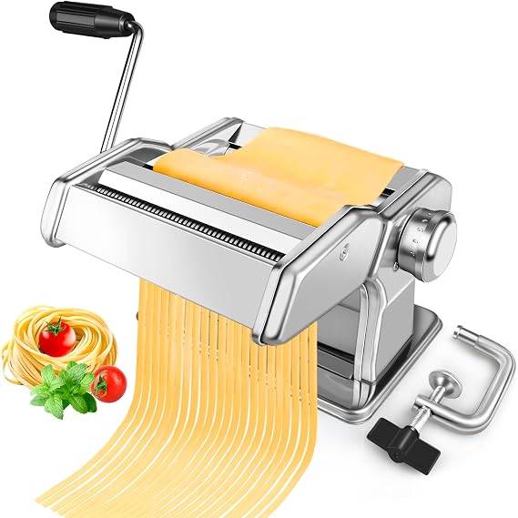 Pasta Maker - 7 Thickness Settings Pasta Roller & 2 Size Cutters | Stainless Steel, Easy to Clean Manual Pasta Machine, Hand Crank & Table Clamp Included, Ideal Gift Choice