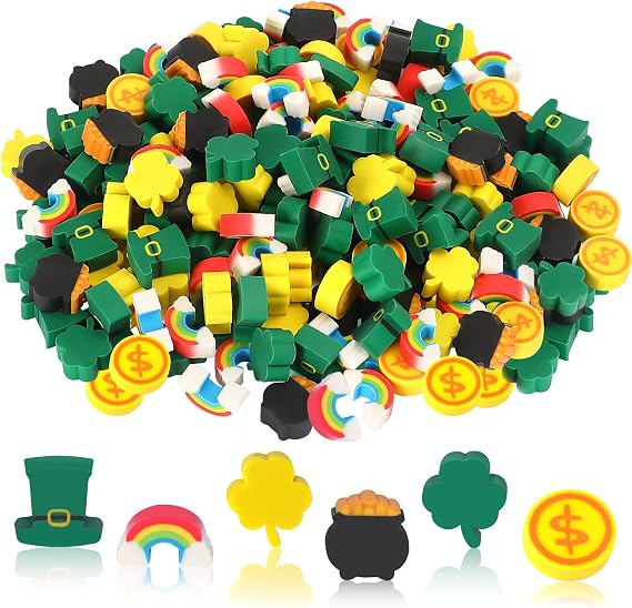 JUNEBRUSHS 150Pcs St. Patrick's Mini Erasers Cute Pencil Erasers | Shamrocks Erasers for Kids Bulk, School Classroom Prizes, Homework Rewards, Party Favors
