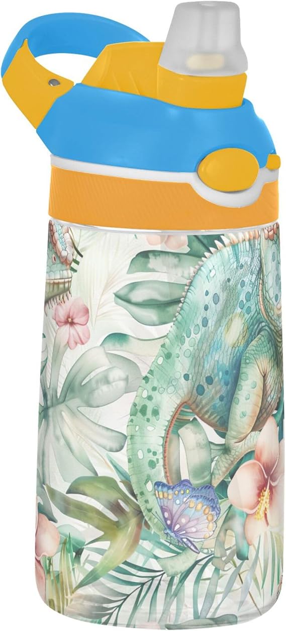 Watercolor Chameleon Pattern Kids Water Bottle with Straw for Girls Boys, Stainless Steel Insulated Leakproof Water 480ml for School Nursery Travel Sports