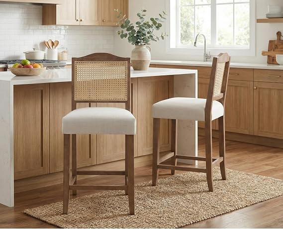 CIMOTA Counter Height Bar Stools Set of 2 Rattan Farmhouse Barstools Mid Century Modern Bar Chairs Upholstered Kitchen Stools with Wood Legs for Island/Dining Room, Linen Beige 26.5In