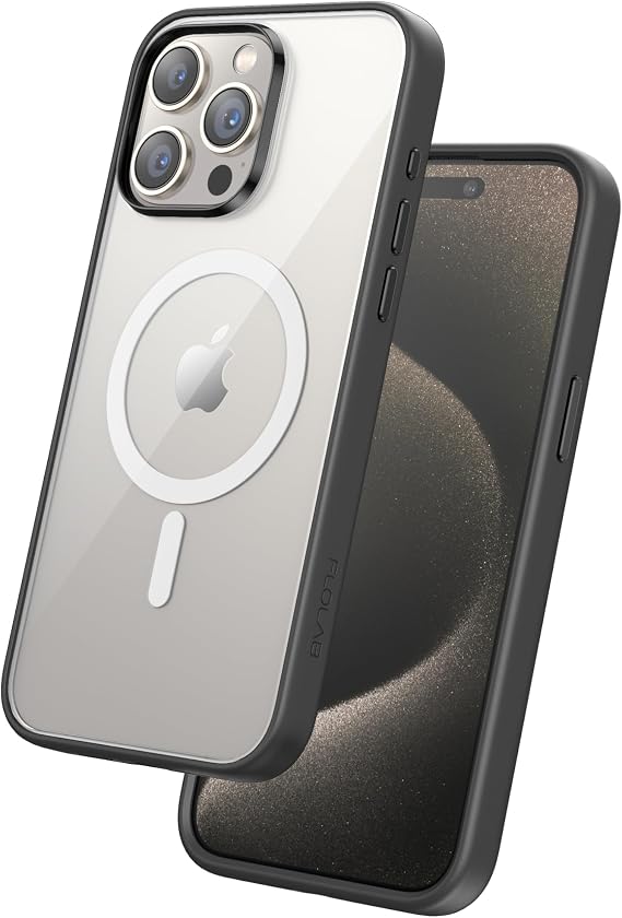 FLOLAB Surtect Tri-Fusion Magnetic for iPhone 15 Pro Max Phone Case Protective Slim Design Magsafe Compatible Military Grade Black Frame Clear - Midnight Black