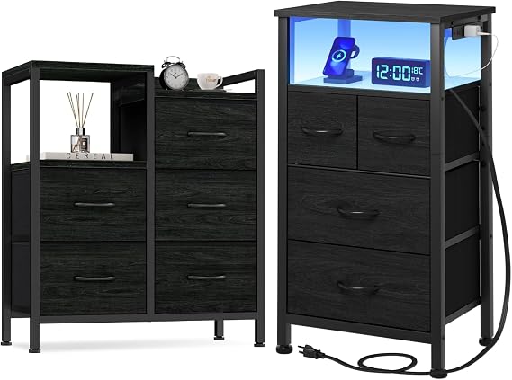 Dresser and Nightstand Sets, Dresser for Bedroom with 5 Fabric Drawers,Small Chest Organizer Unit with 2-Tier Storage Shelf+ Nightstand with Wood Shelf, Bedside Table with Led Light and Charging Stati