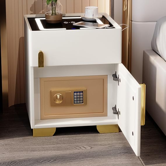 Bedside Cabinet, Smart Bedside Table with Safe and Countertop Charging, Nightstand for Bedroom with USB Ports, Bed End Table with 3 Colors LED Light, Tempered Glass Top (Color : White2pc)