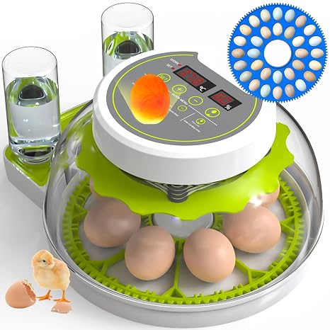 Egg Incubators for Hatching Eggs, 8/30 Chicken Egg Incubator with Automatic Egg Turning, Temperature Control & Humidity Display, Egg Candler, Home Use for Chicken, Duck, Quail - 2 Egg Trays Green