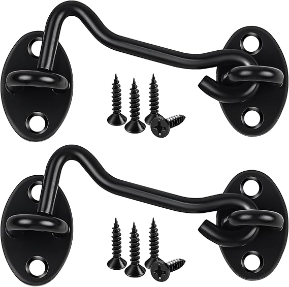 Hook and Eye Latch 3 Inch, 2 Pcs Stainless Steel Black Cabin Hooks | 75 mm Eye Gate Latch Easy Lock Sliding Door Hooks with Screws for Garden Shed Patio Window Cabinet Closet Wooden Gates