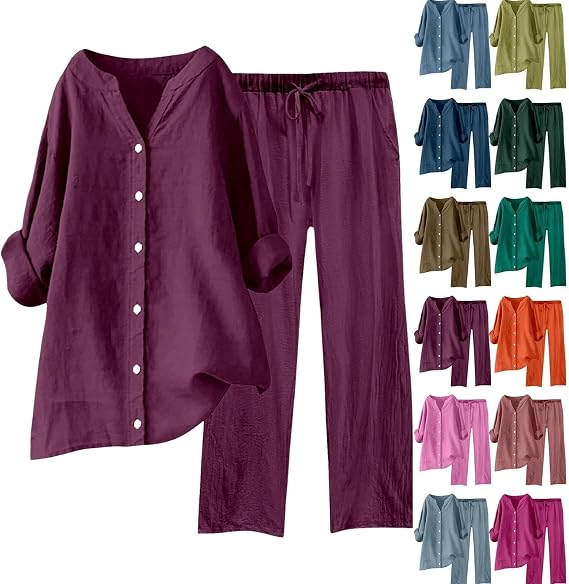 2 Piece Sets for Women Linen V Neck Shirt Pants Sets Lounge Set Beach Vacation Dress 2026 Fashion