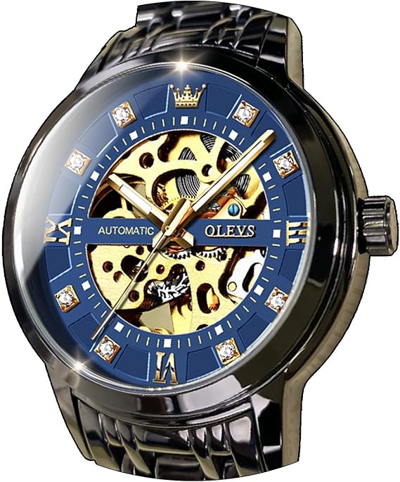 OLEVS Men's Gold Skeleton Watch Automatic Mechanical Automatic Luxury Dress Stainless Steel Waterproof Luminous Wrist Watch, Black Strap & Blue Dial