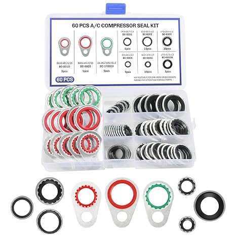 60PCS A/C O Ring Kit,Air Conditioning Compressor Gasket Seals,O Ring Assortment Kit for Air Conditioning Parts Replacement, Unniversal AC Gasket Kit with 9 Sizes of O Rings Fits Most Cars