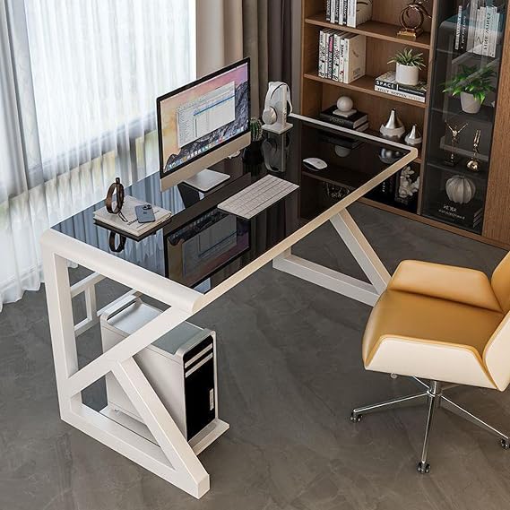 Tempered Glass Computer Desk, Modern Home Office Desk Gaming Desk Writing Study Table Workstation for Home Office(100CM, Black+White Frame)
