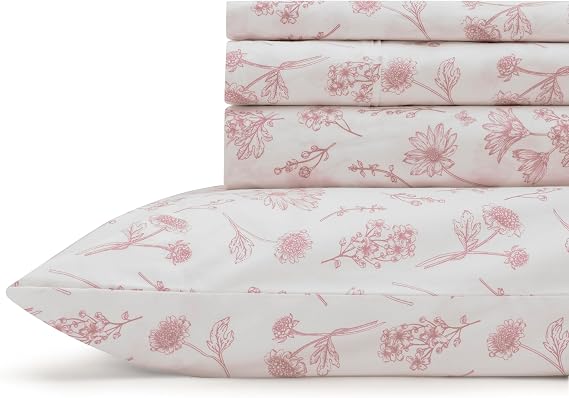 Linen Home 100% Cotton Printed Percale Sheet Set King Size, Mauve Botanical