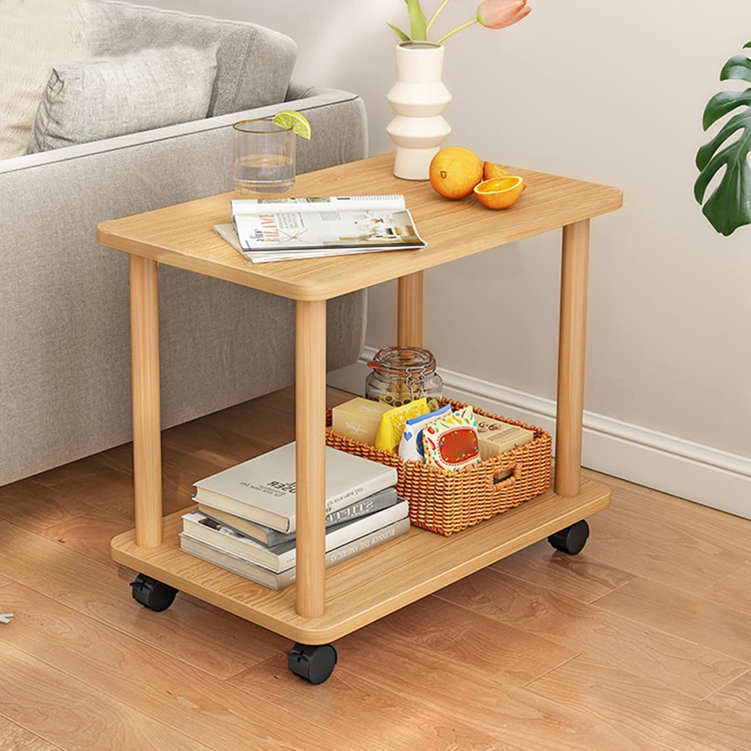 Rolling Sofa Side Table, 2-Tier Small End Table, Easy Assembly Wood Overbed Table with Wheels, Storage Table for Record Player, Laptop, Rustic Mobile Snack Coffee Table for Living Room (Wooden)