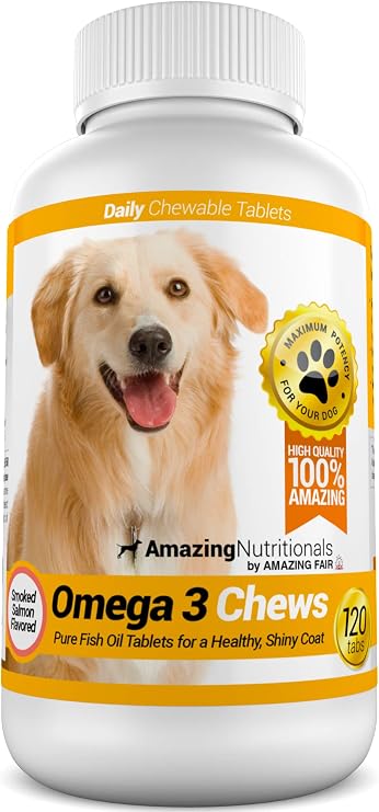 Amazing Omega 3 for Dogs - Fish Oil for Dogs Supplement 120 Salmon Chews - Itchy Skin, Dry Skin, Shedding & Coat Support - Omega Fatty Acids EPA DHA - Made in USA