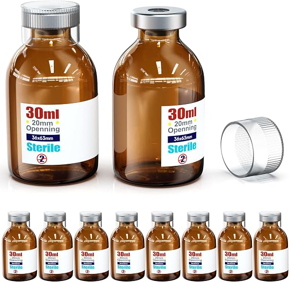 Biomed Solutions Sterile Empty Vial with Reusable Plastic Cap,Ready to Fill Glass Containers, Liquid Injection Bottle Sealed with Self Healing Injection Port (30ml Amber 10pcs)