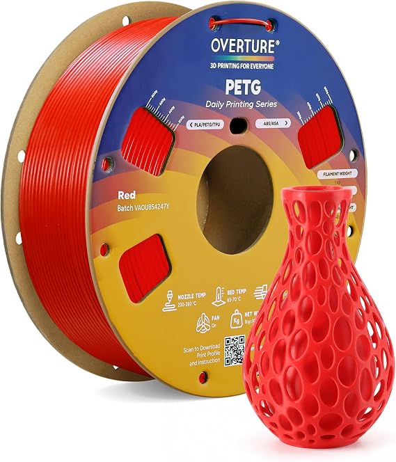 OVERTURE High Speed PETG Filament 1.75mm, 1kg Red