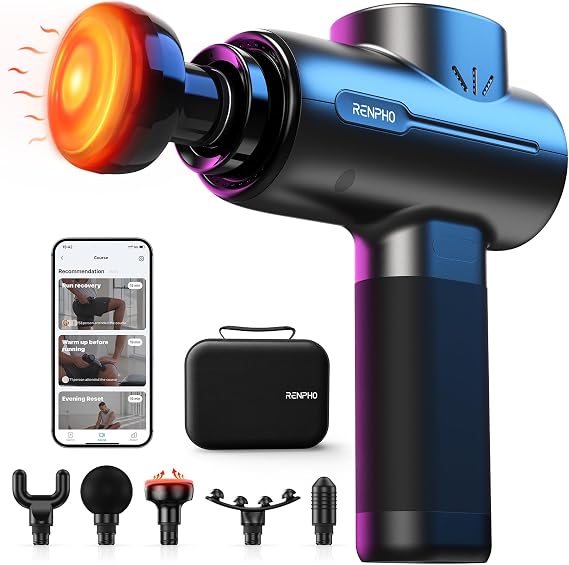 RENPHO Active+ Thermal Massage Gun with Heat, App Control, Muscle Massager | Heated Deep Tissue Percussion for Sore Muscles, 5 Speeds, 5 Attachments, Portable, Carry Case, Gift for Athletes