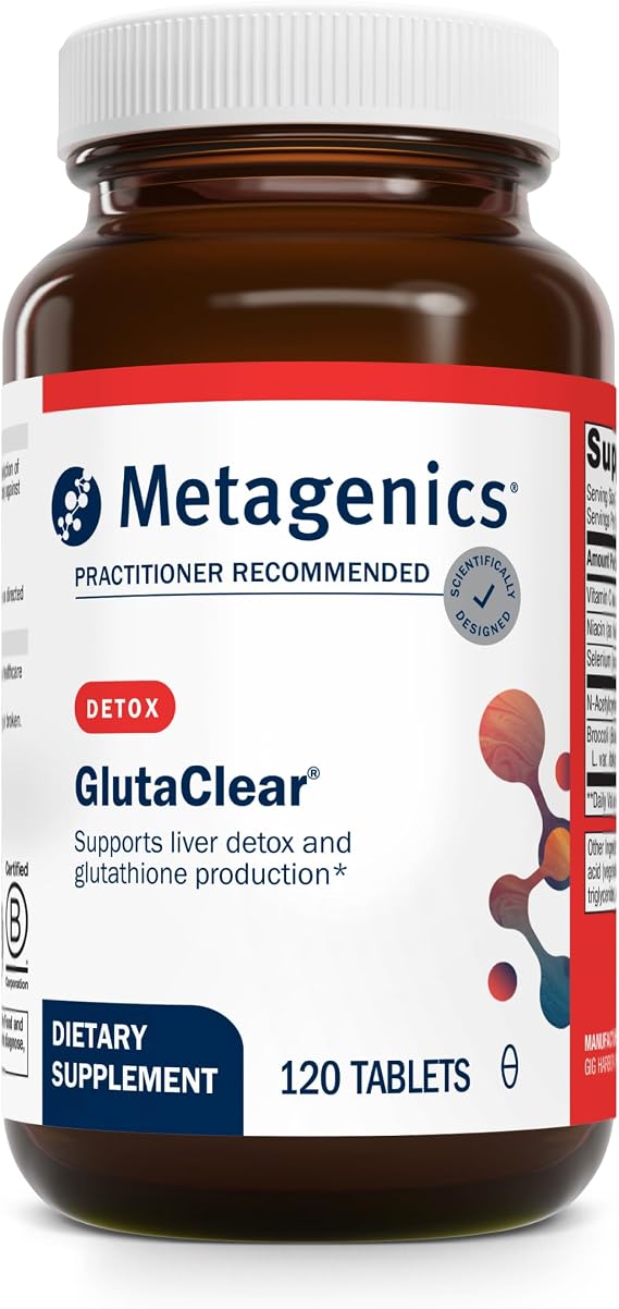 Metagenics GlutaClear Advanced Glutathione Supplement, 120 Tablets | Advanced Glutathione Support, with 750 mg Niacinamide, Vitamin C, Selenium and Broccoli Seed Extract, Non-GMO, Gluten-Free