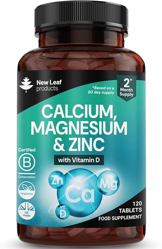 Calcium Magnesium Zinc and Vitamin D Supplement - 120 High Strength Tablets Supplement with Magnesium Vitamin D, Zinc Tablets Complex Made in The UK by New Leaf