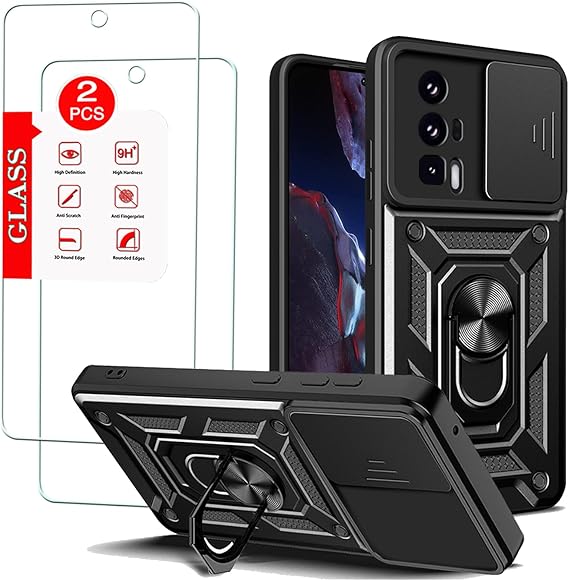 For Xiaomi Poco F5 Pro 5G Case with [2 Pack] Tempered Glass Screen Protector, For Poco F5 Pro [Military-Grade] Protective Armor,with Lens Protects Magnetic Kickstand Car Mount Holder Phone Case