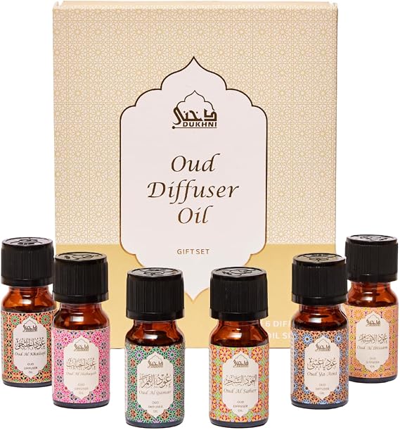 Oud Diffuser Oil, Essential Oil Gift Set by Dukhni | 6 x 10ml Arabic Oil Gift Set for Diffuser & humidifier | 100% Pure Halal Oudh Oils | Relax with Home Aromatherapy