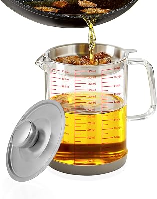 Luvan 1.5L50oz Glass Bacon Grease Container with Strainer, Cooking Oil Storage Can with Fine Mesh Filter, Lid and Easy-Grip Handle, Fat Separator for Storing Fats, Frying Oil and Cooking Grease