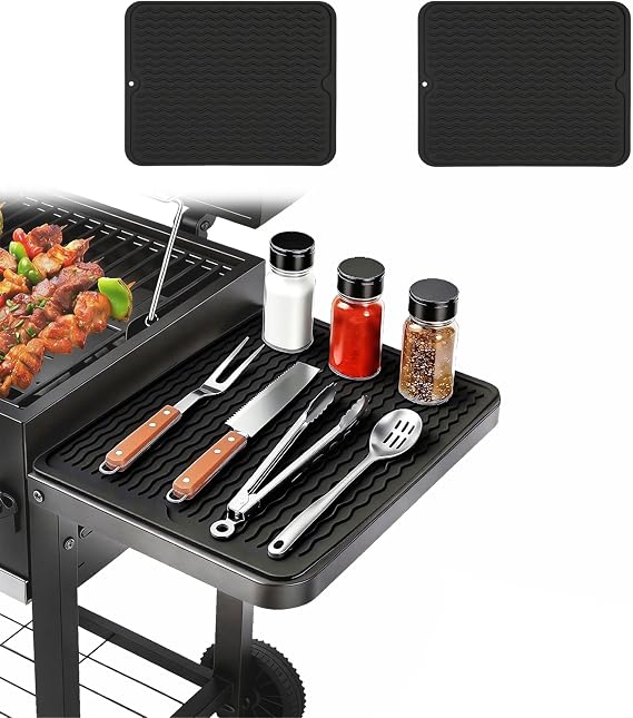 Silicone Grill Tool Mat for Blackstone Griddle,Side Shelf Spatula Mat | 2 Pack BBQ Griddle Accessories Mat for Weber Pit Boss Flat Top Grill Smoker & Outdoor Kitchen Countertop,Gifts for Men(Black)