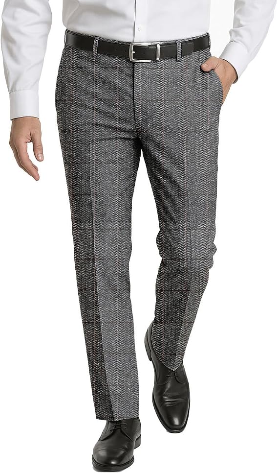 Men's Classic Fit Dress Pants Checked Tweed Herringbone Wool Suit Trousers