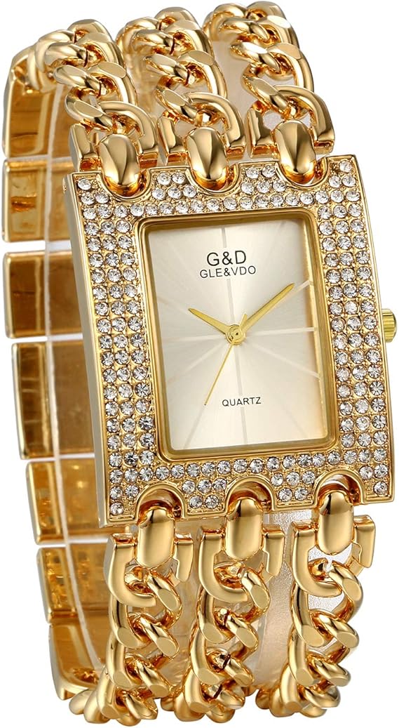 JewelryWe Women's Watches Elegant Analogue Quartz Wrist Watch Rhinestone Rectangular Casual Watch with Triple Curb Chain Bracelet