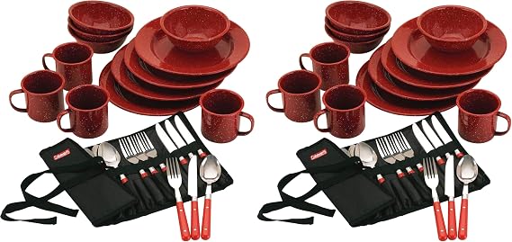 Coleman 24-Piece Enamel Dinnerware Set for Outdoor Dining, Dishwasher Safe, Full Dinnerware & Flatware Set for 4 People