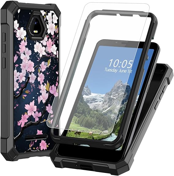 Case for Shock Volt SV55 6.78" with Tempered Glass Screen Protector,Dual Layer Heavy Duty Shockproof Protective Cover for Shock Volt SV55,Pink Cherry Blossom