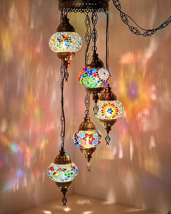 DEMMEX Turkish Moroccan Mosaic Plug-in Chandelier, 5-Globe Colorful Bohemian Swag Pendant Light with 15-ft Cord & Chain, 3.5 ft Drop for Living Room & Bedroom (Customizable)