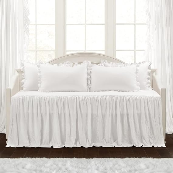 Lush Decor Ruffle Skirt Daybed Cover 5 Piece Set 39"W x 75"L White - Ruffled Bedding Set - Farmhouse Bedding Twin Bedspread - Twin Bedspread