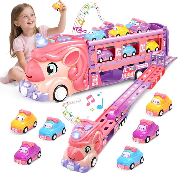 RoserRose Car Transporter Toy from 2 3 4 5 Years Girls Unicorn Transport Truck Car Transporter with Light Music and Racetrack Truck with Cars Toy Children's Toy from 2 Years Girls Gift