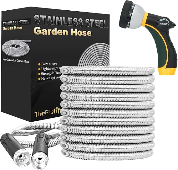 TheFitLife Flexible Metal Garden Hose - Upgrade Leak and Fray Resistant Design, Stainless Steel Water Hose with Solid Fittings and Sprayer Nozzle, Lightweight Kink Free Durable Easy Storage (25 FT)