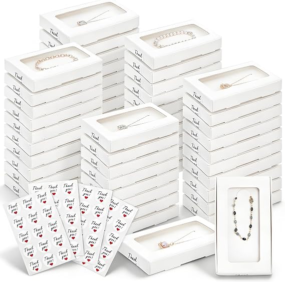 ZAVOOS 50 Pack Jewelry Packaging Boxes with Stickers, 5.4'' x 3.2'' x 0.7'' | Paper Necklace Gift Box with Clear Window Display Card, Sublimation Keychain Packaging Box for Bracelets, Earrings Displaying