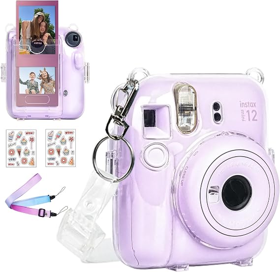 Mini 12 Clear Case for Fujifilm Instax Mini 12 Instant Film Camera | Mini 12 Case, Clear Instant Camera Protective Case, with Upgraded Back Pocket Hold 10 Films, Two Adjustable Strap, No Camera