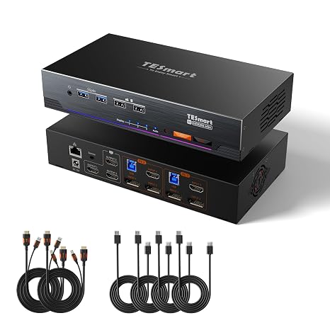TESmart 4K@144Hz Displayport + HDMI KVM Switch 3 Monitors 2 Computers USB 3.0, HDMI 2.1&DP 1.4 KVM Switch Triple Monitors 8K@60Hz Gaming, Support EDID, Gigabit Network, VRR, All Input Cables Included