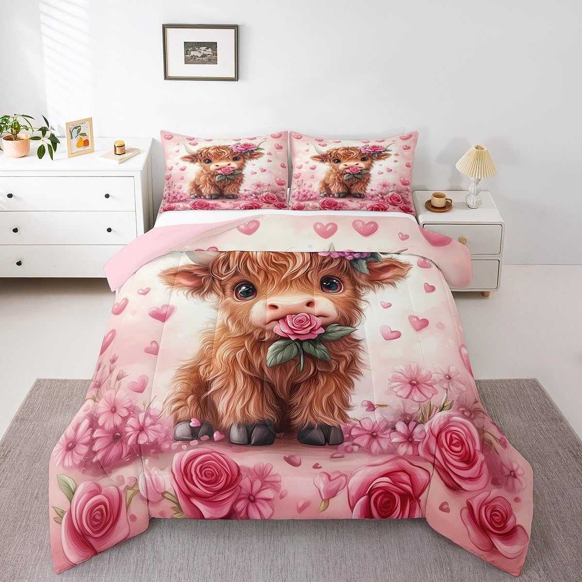 Manfei Highland Cattle Kids Comforter Set Full Size,Roses Flowers Valentines Dreamy Bedding Set,Girls Women Room Decor,Cartoon Wild Animal Rustic Down Comforter,Pink Brown Duvet Insert,2 Pillowcases
