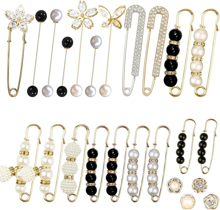 24 Pieces Pearl Crystal Brooch Safety Pins Button Pins Pant Waist Tightener Pins for Clothes Sweater Shawl Collar Dress Cardigan Shirt Jeans Decoration Accessories for Women Girls