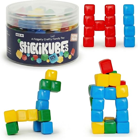 StickiKubes 125-Pack, 4 Colors, Mini Sticky Stacking Cubes, STEM Blocks | Plastic Tub for Easy Storage, Sticks to Any Surface, Non-Toxic, Ages 4+