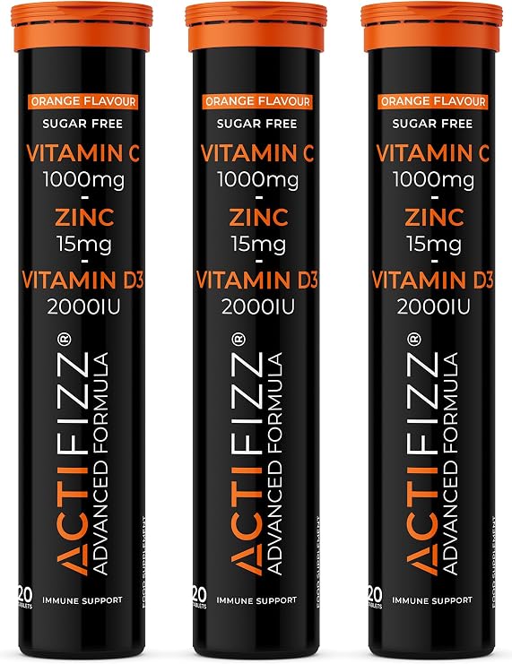 3X ActiFizz Vitamin C 1000mg, Zinc + Vitamin D3 | 60 Effervescent Tabs | Orange Flavour | Immunity Boost | Halal Certified